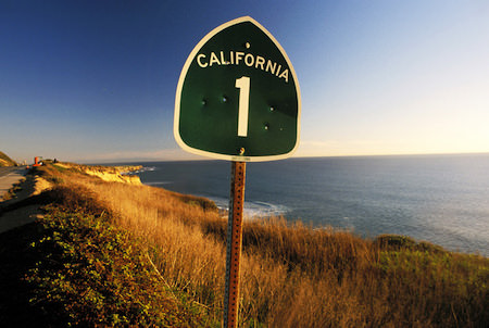California road sign. The ocean is visible down below.